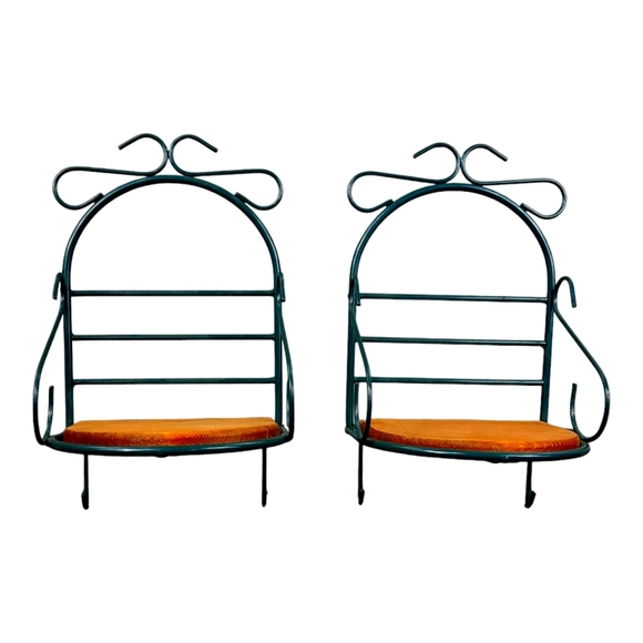 Pair of Metal Wall Hanging Shelves Green Metal Wood Base Hooks On Bottom 12x7x6 - Picture 1 of 7